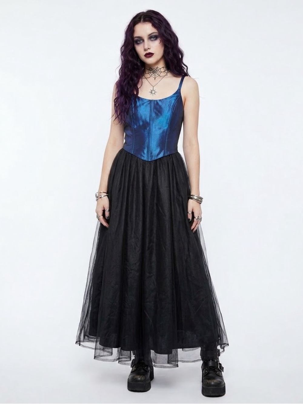 Y2K Whimsigoth Iridescent Blue Gown Corset Tulle Dark Fairycore Witchy Taffeta